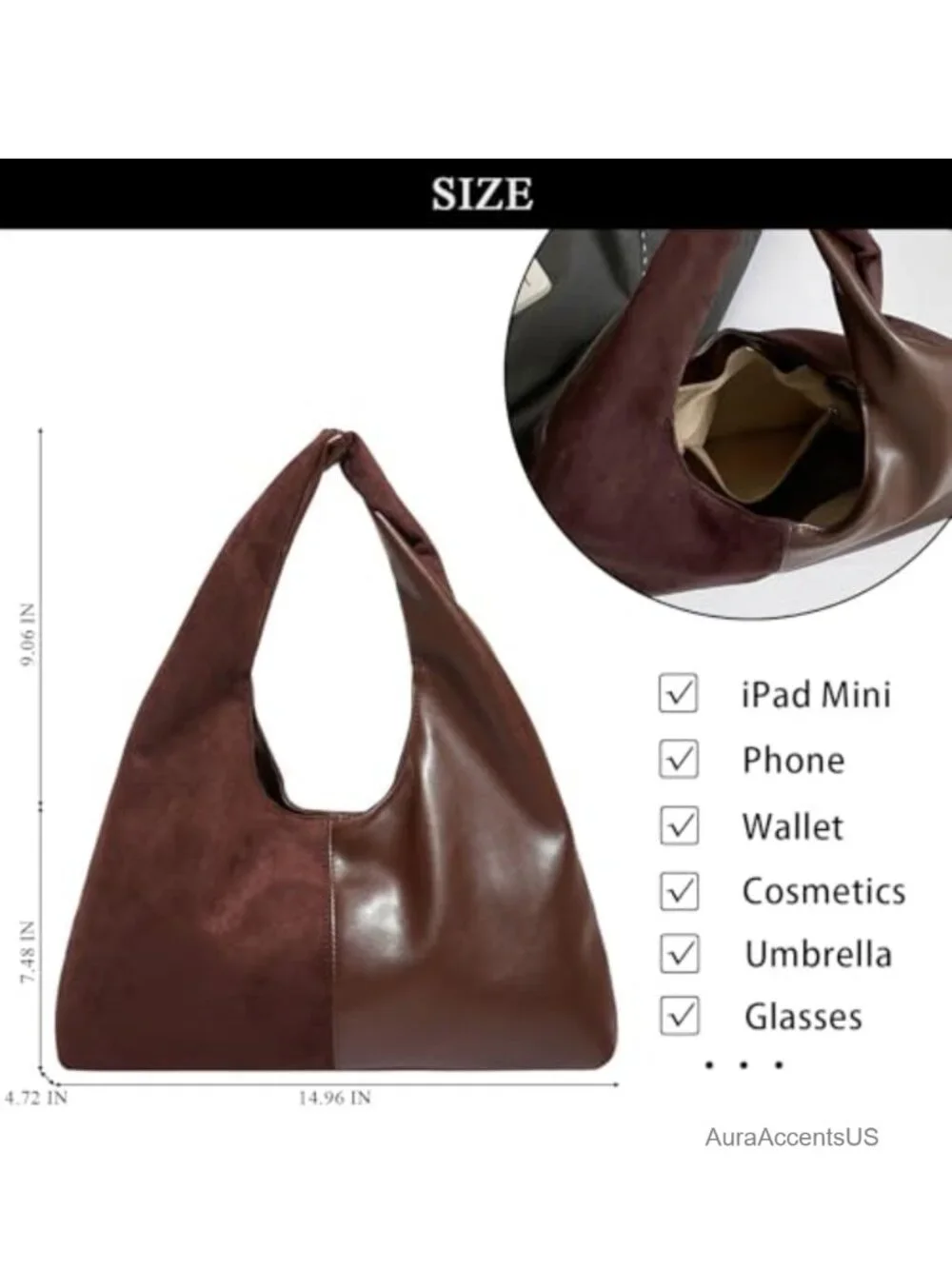 Suede Hobo Bag Women Slouchy Tote Handbag Splicing Leather Magnetic Closure